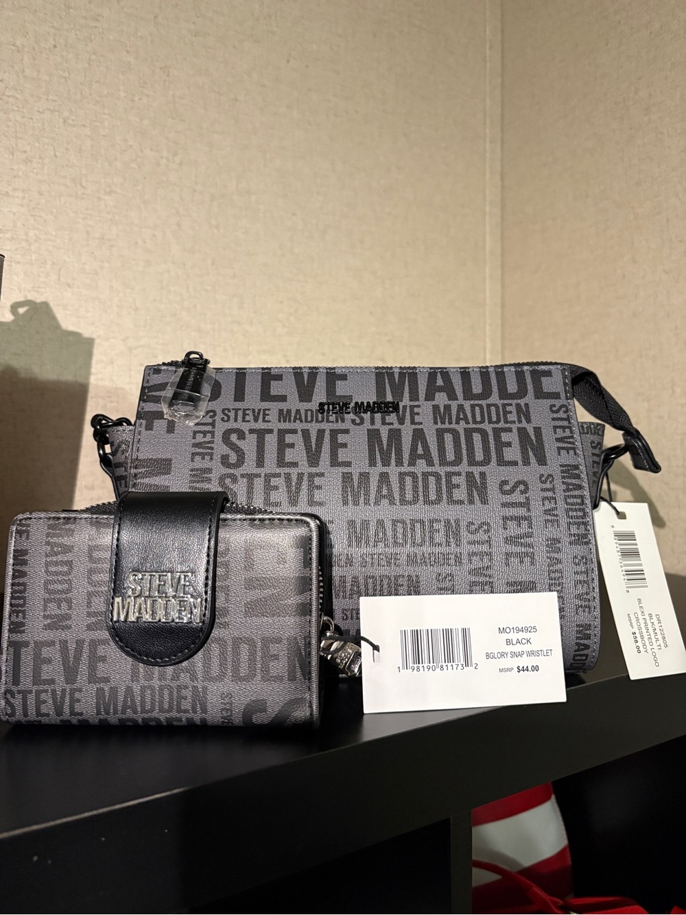 Steve Madden Black Logo Print Crossbody with Matching Wallet